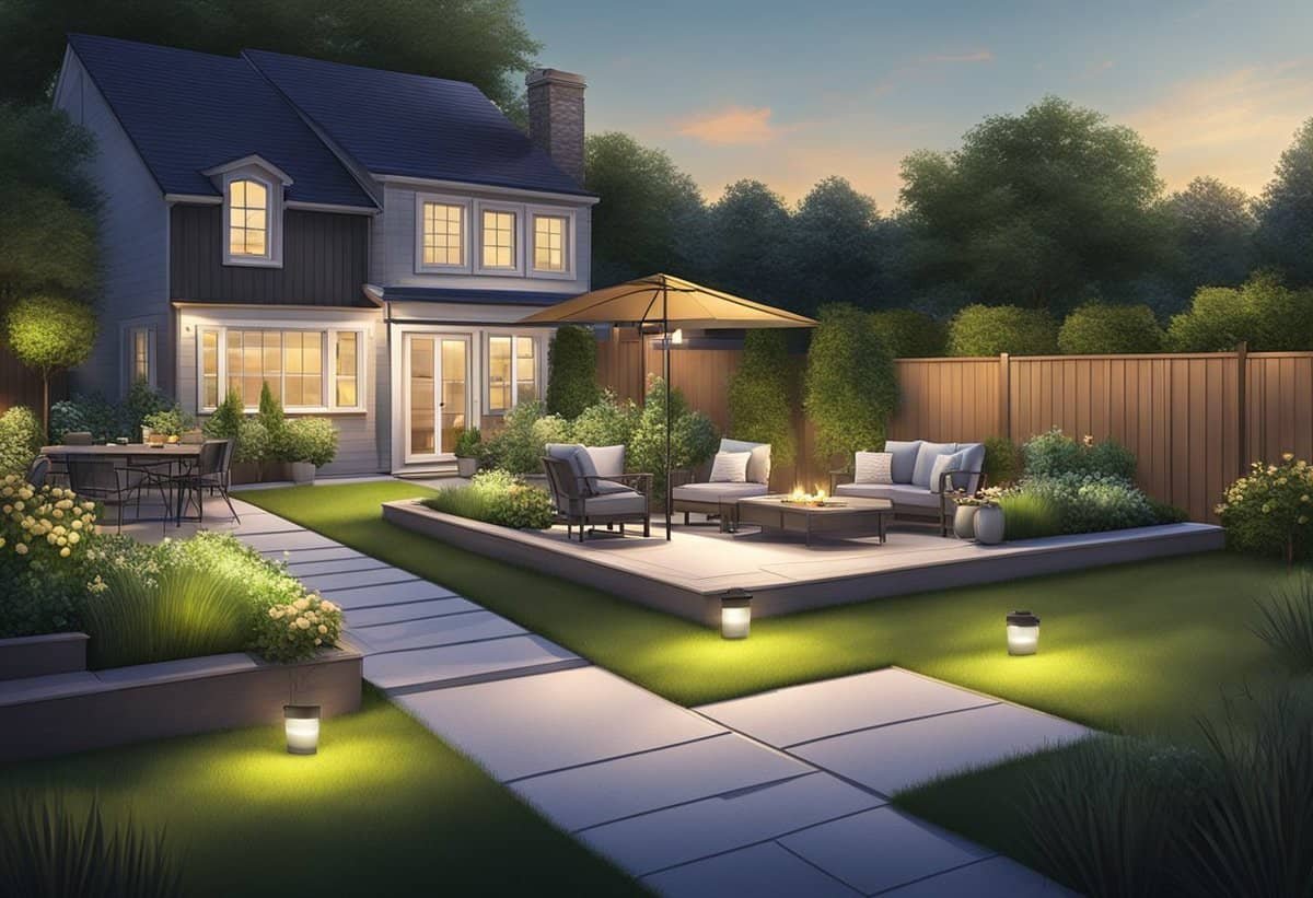 A backyard with a grassy lawn and a patio, surrounded by trees and shrubs. A set of solar lights are being installed along the edge of the patio, illuminating the area