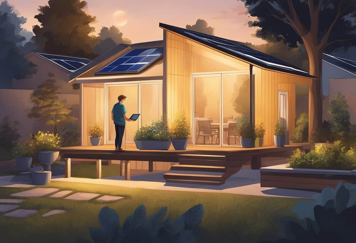 The backyard is illuminated by solar lights. A person is doing final checks on the installation, enjoying the warm glow