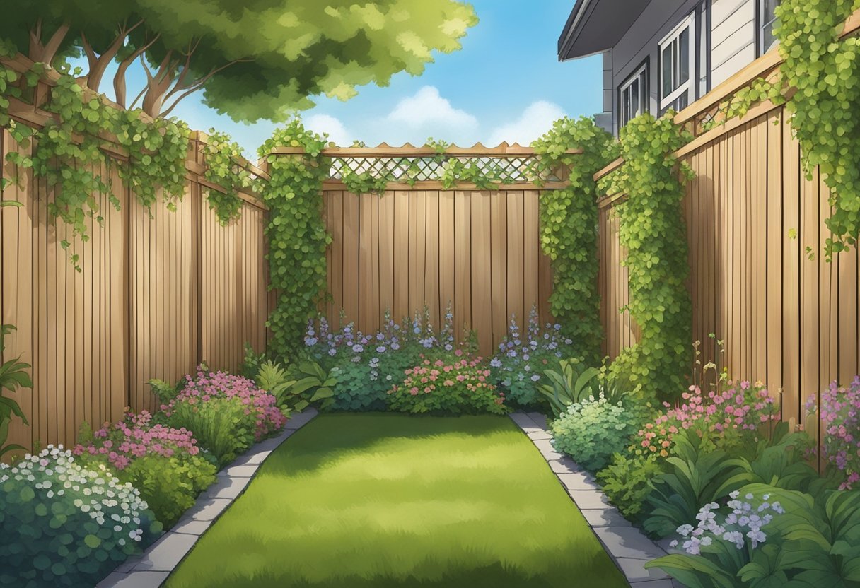 A tall wooden fence with climbing vines, hanging plants, and decorative panels creates a secluded and visually pleasing backyard space