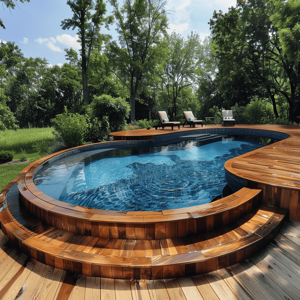 above ground pool deck with open area in the back