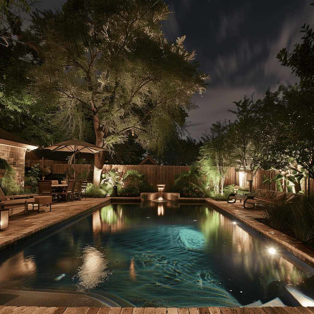 backyard pool at night with ambient lighting