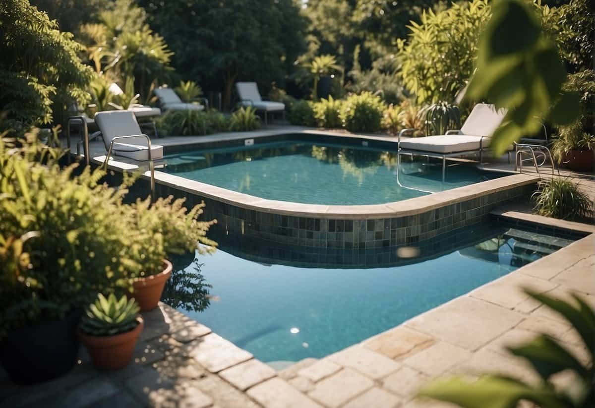A clean, sparkling pool surrounded by lush greenery and stylish outdoor furniture. A maintenance kit and skimmer net are nearby, with a clear blue sky overhead