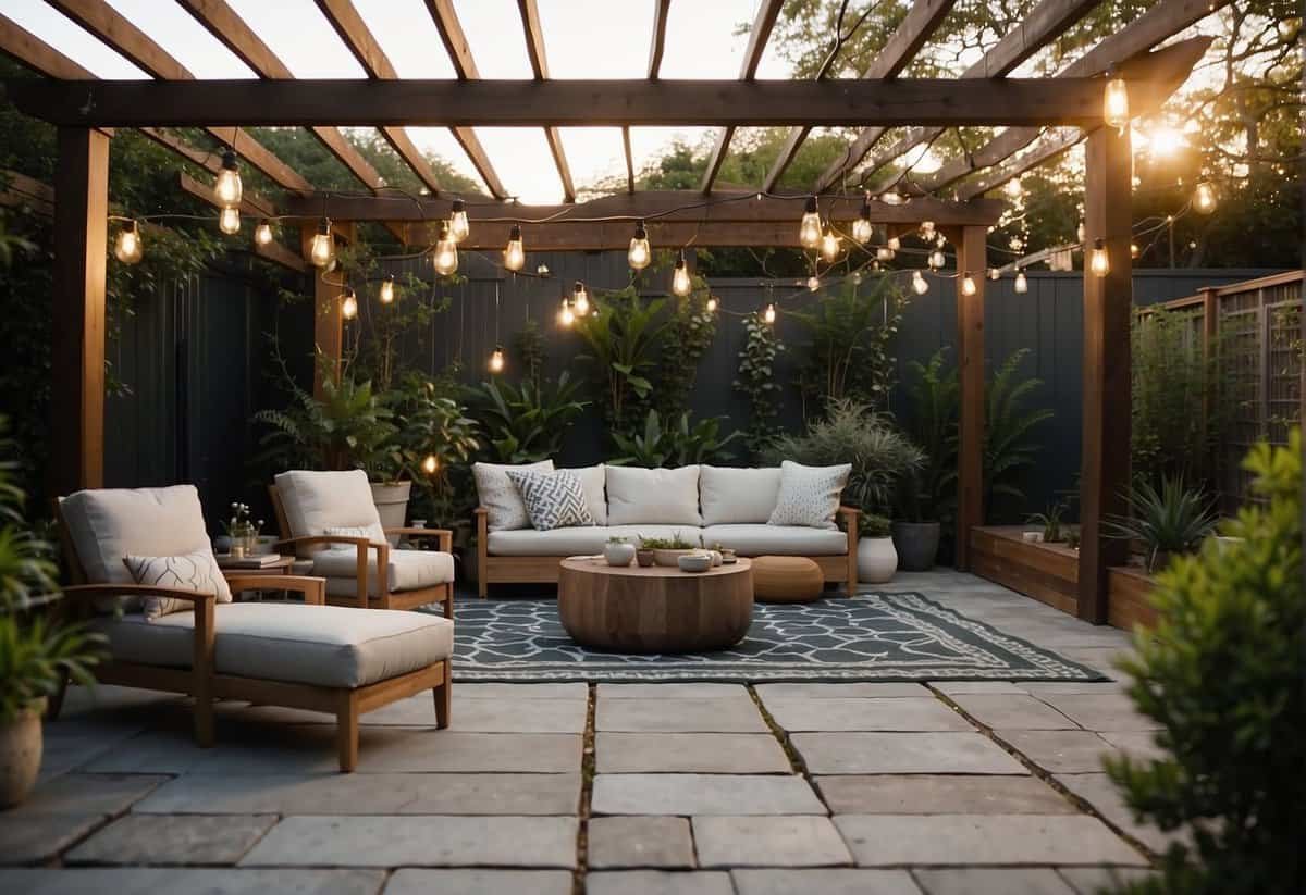A spacious backyard with a modern, geometric pool surrounded by lush greenery and comfortable lounge furniture. A pergola provides shade, while string lights create a cozy evening ambiance