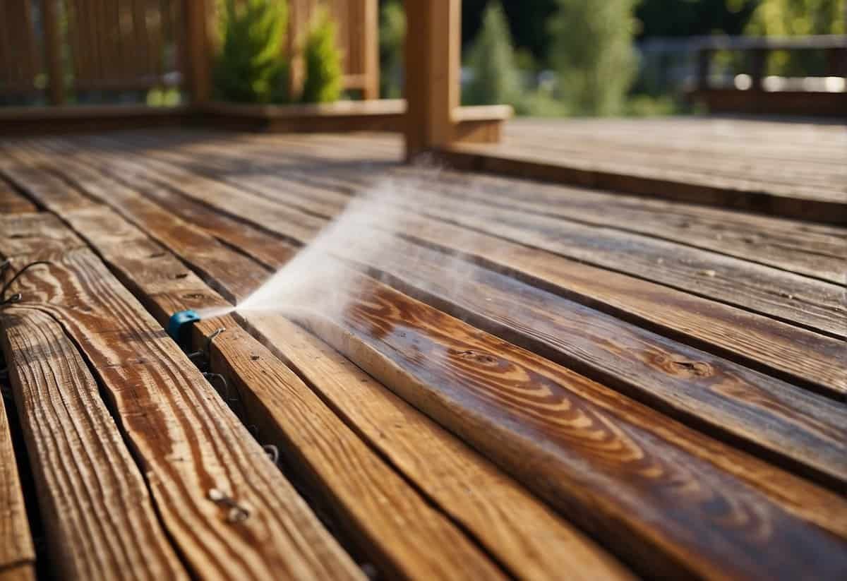 A wooden backyard deck being power washed and stained to maintain its appearance and durability