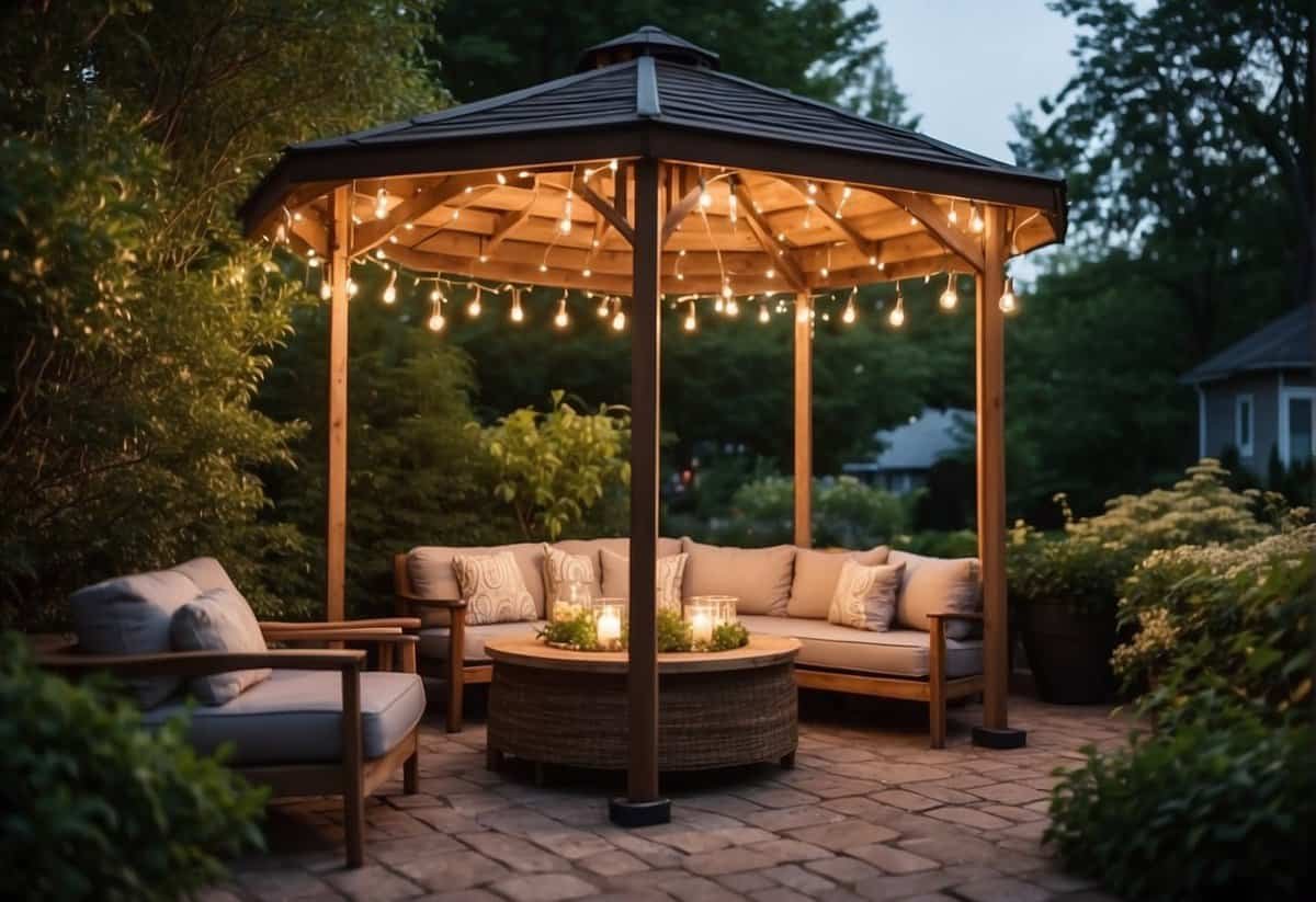 A cozy backyard gazebo with string lights, comfortable seating, and lush greenery creating a tranquil and inviting space for relaxation and entertaining