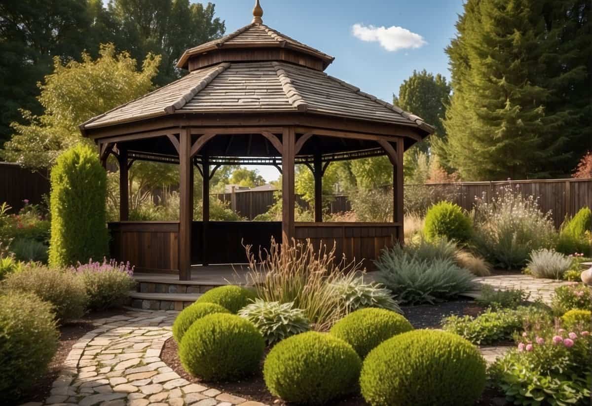 A backyard gazebo with regional elements, like a thatched roof and native plants, surrounded by a stone pathway and wooden fencing