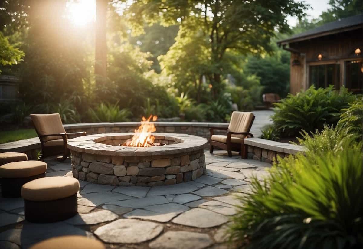 A stone fire pit surrounded by lush greenery and cozy seating, with soft lighting to create a warm and inviting atmosphere