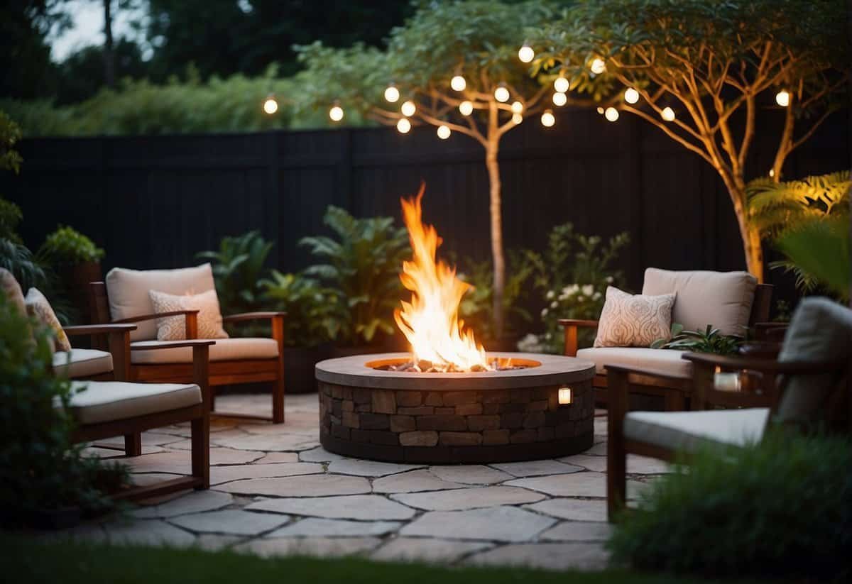 A circular fire pit surrounded by cozy outdoor seating, nestled in a beautifully landscaped garden with lush greenery and decorative lighting