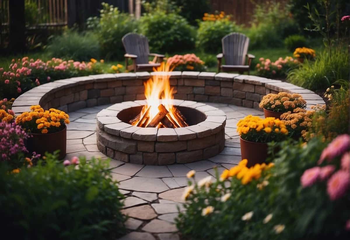 A cozy fire pit surrounded by lush greenery and colorful flowers, with comfortable seating arranged in a circular pattern
