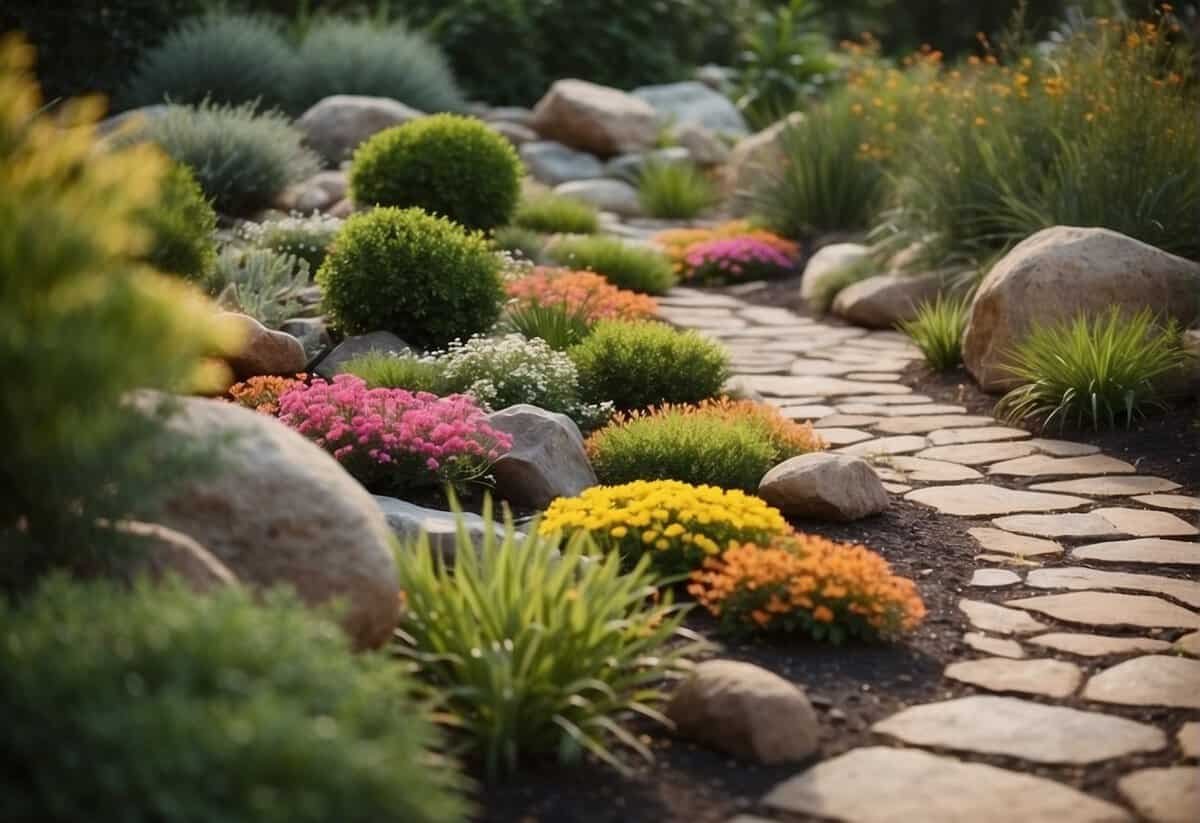 Colorful rocks arranged in a pattern, surrounded by low-growing plants and small shrubs. A winding path leads through the garden, with a small pond or waterfall as a focal point