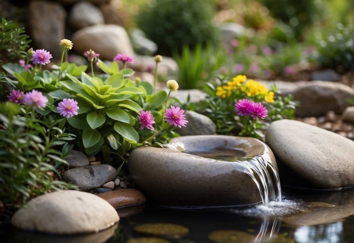 Colorful rocks arranged in a garden, with plants and flowers surrounding them. A small fountain or stream adds a calming element
