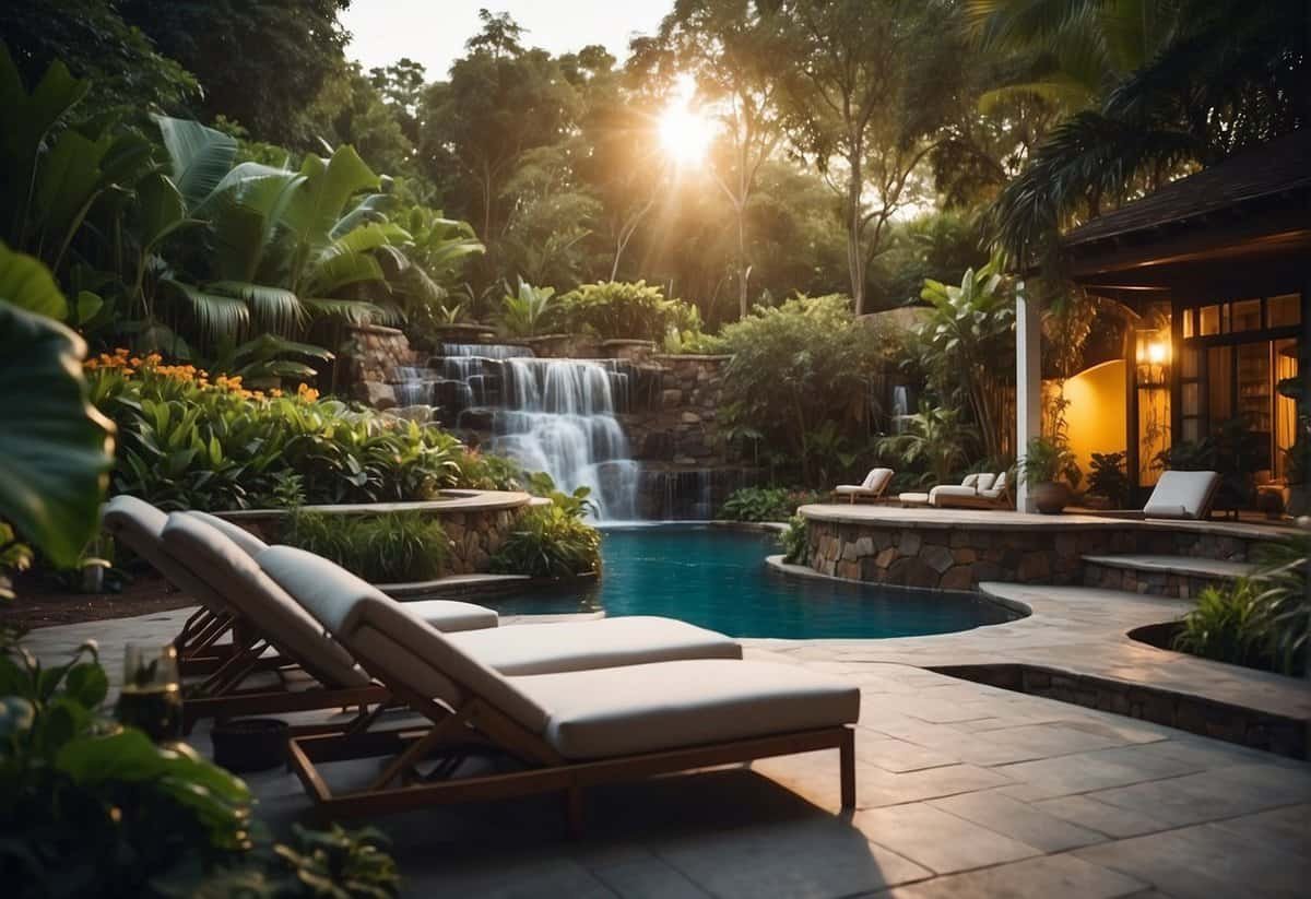 A spacious backyard with a pristine pool surrounded by lounge chairs and lush greenery, with a cascading waterfall feature and ambient lighting for evening relaxation