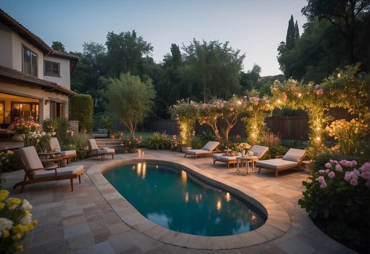 A spacious backyard with a pristine pool surrounded by lush greenery and colorful flowers, with comfortable seating areas and elegant lighting for evening ambiance