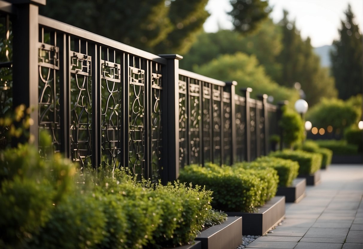 A metal fence with decorative panels and integrated lighting, surrounded by lush landscaping and modern outdoor furniture