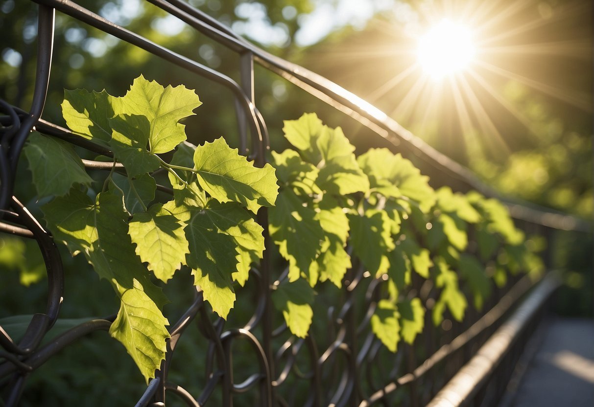 Lush green vines entwine around a sleek metal fence, blending seamlessly with the natural surroundings. The sunlight filters through the leaves, casting a dappled pattern on the elegant structure