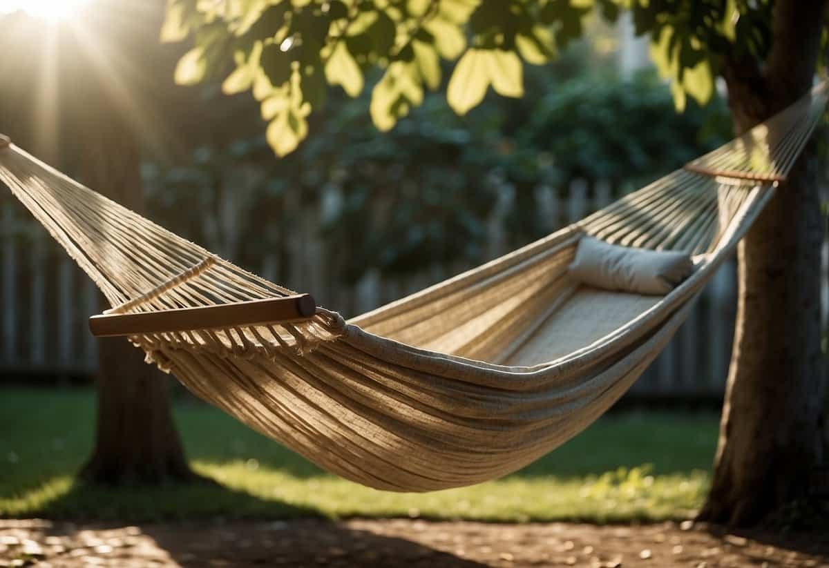 A hammock hangs between two trees in a lush backyard garden. The sun shines through the leaves, casting dappled shadows on the hammock. Nearby, a small table holds a book and a refreshing drink