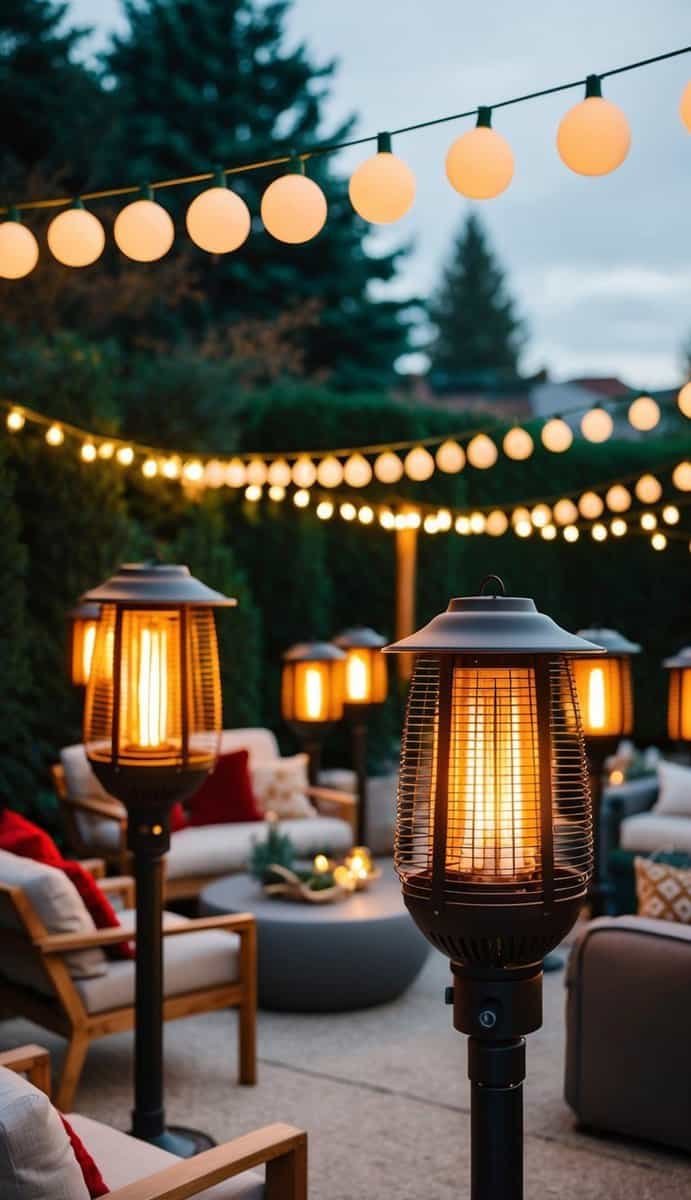 Several outdoor heat lamps glowing warmly in a backyard Christmas event, surrounded by cozy seating and festive decorations