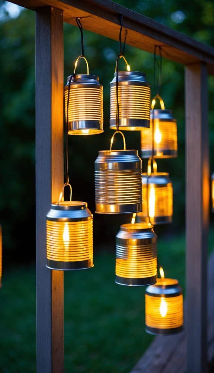 Nine tin can lanterns hanging from a deck or fence, glowing with warm light, casting a soft and festive ambiance