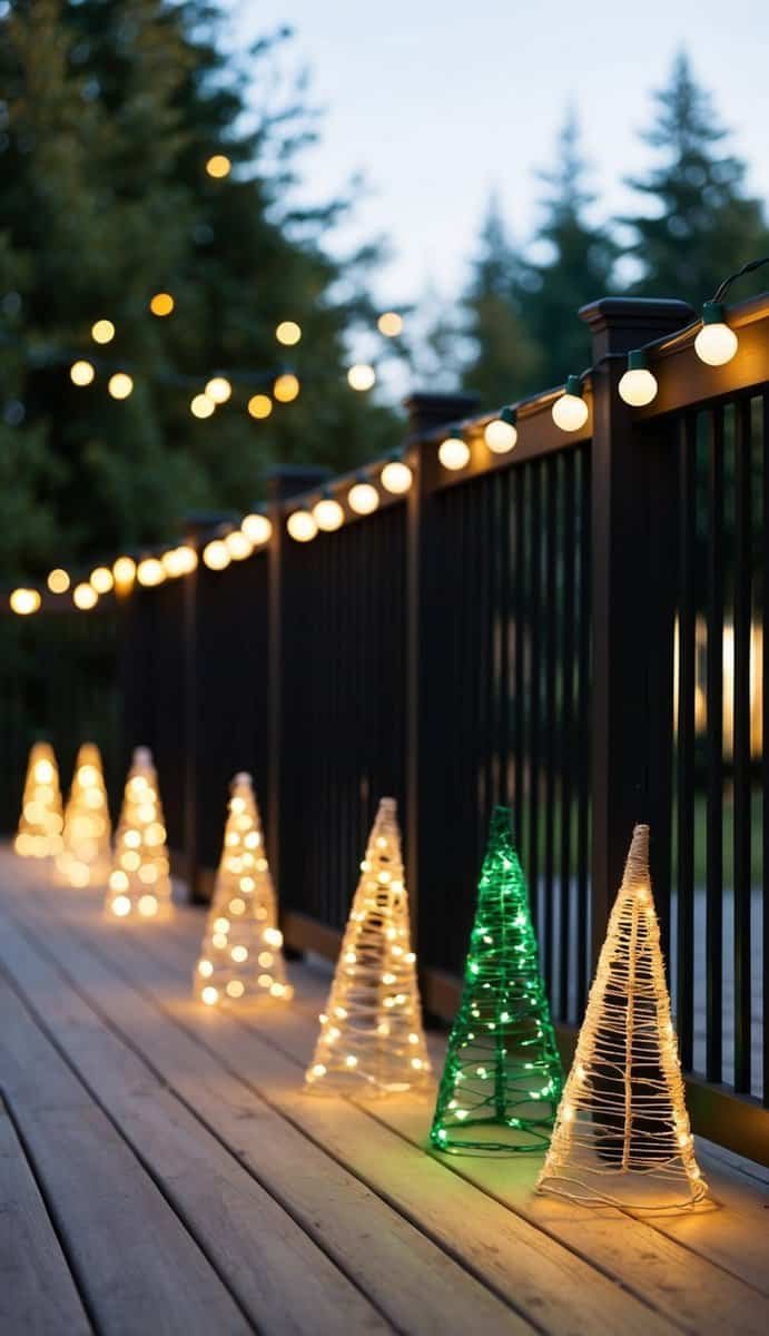 A row of 9 DIY string light cones illuminating a deck or fence for Christmas
