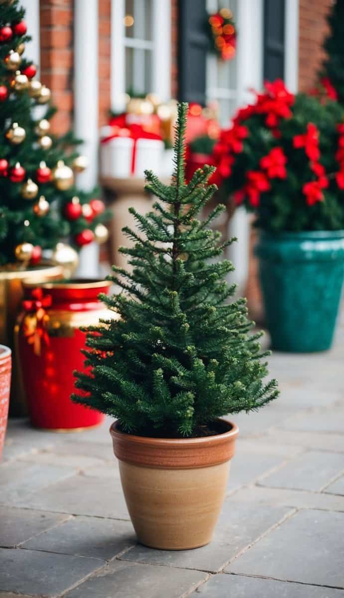 A small Christmas tree in a ceramic pot surrounded by festive containers on a patio