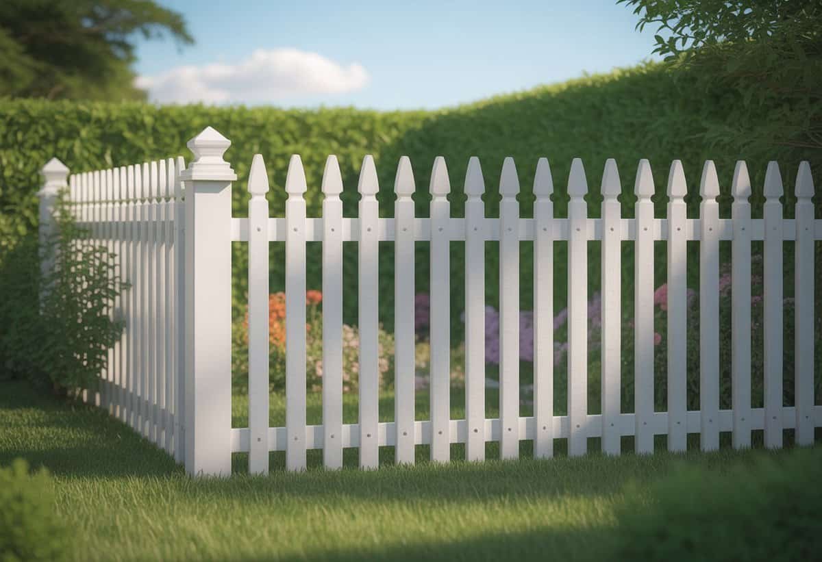 A white picket fence with pointed tops enclosing a green backyard with flowers and grass under a blue sky.