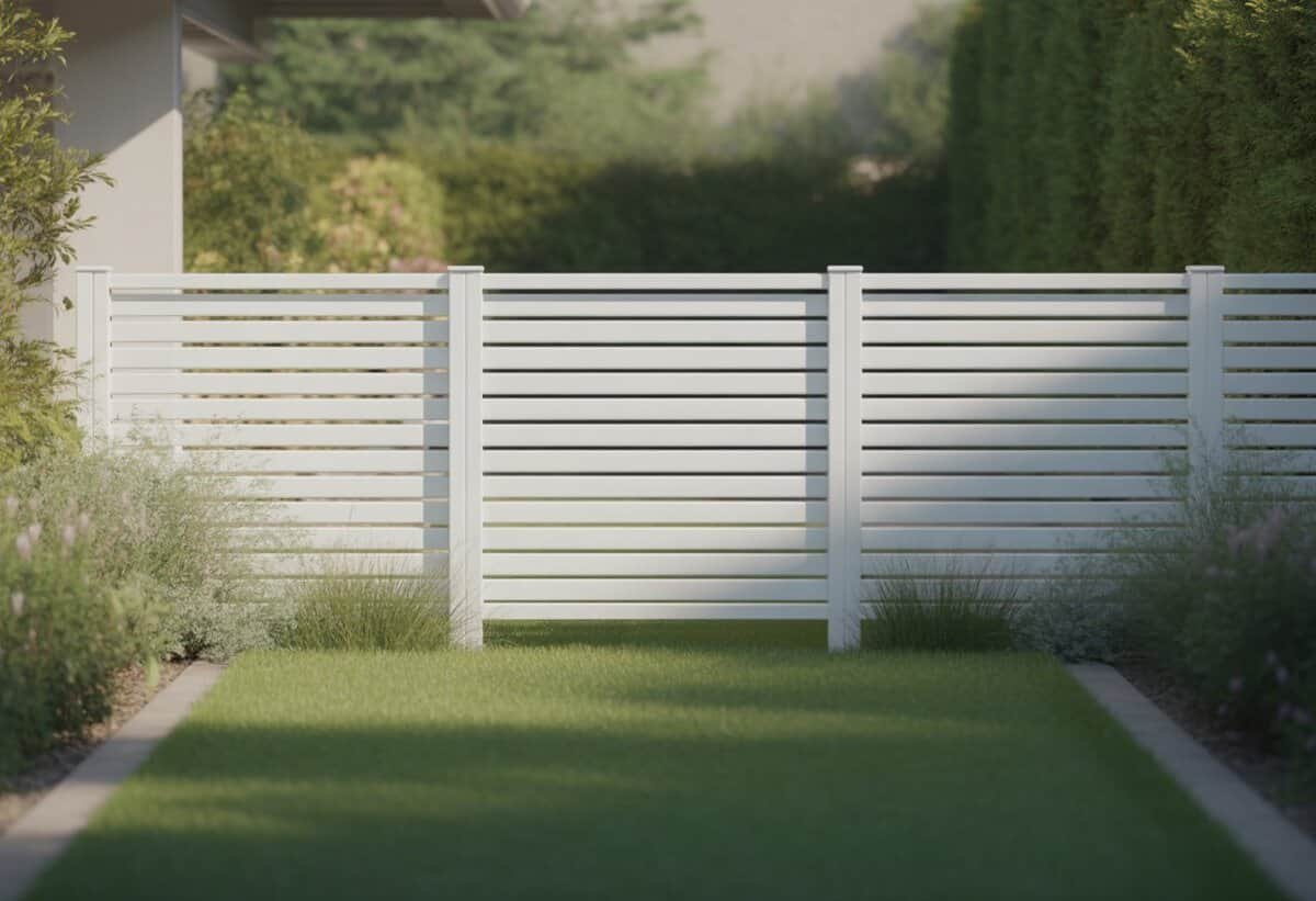 A backyard with a white horizontal slat fence and green lawn in front.