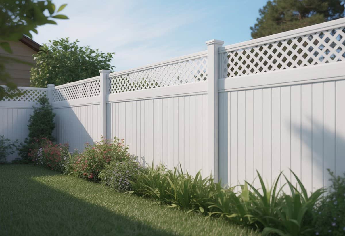 A backyard with a white vinyl privacy fence topped with lattice, green grass, flowers, and trees under a clear sky.