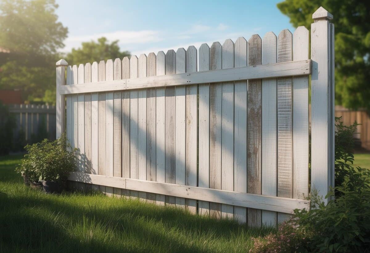 A white wooden privacy fence made of wide planks in a backyard with green grass and plants.
