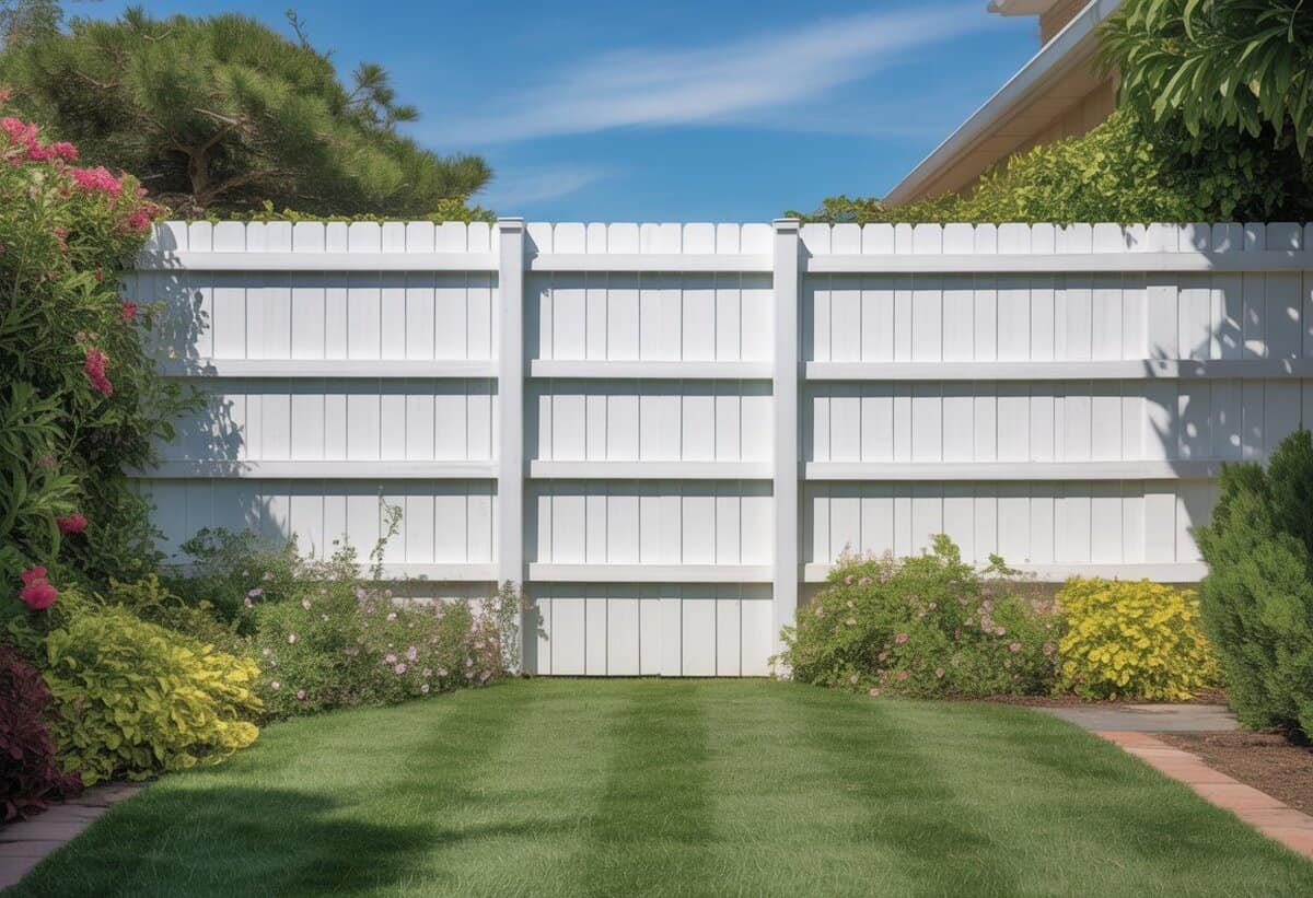 A backyard with a white wooden board-on-board privacy fence, green lawn, and flowering plants along the fence.
