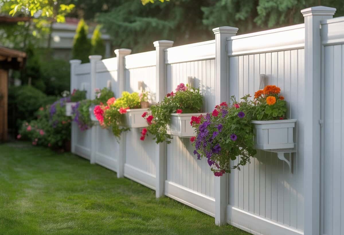 A white wooden privacy fence with flower boxes filled with colorful flowers in a backyard garden.