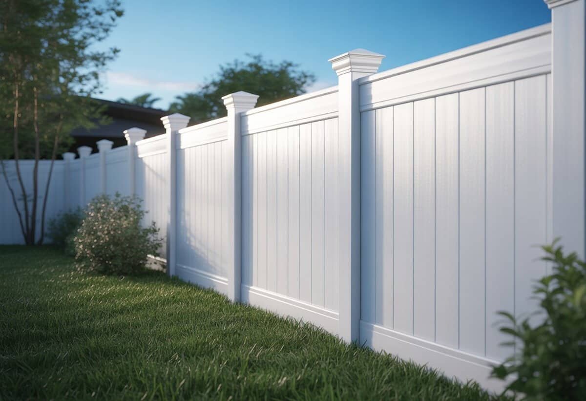 A white privacy fence with decorative post caps in a backyard surrounded by green grass and plants under a clear blue sky.