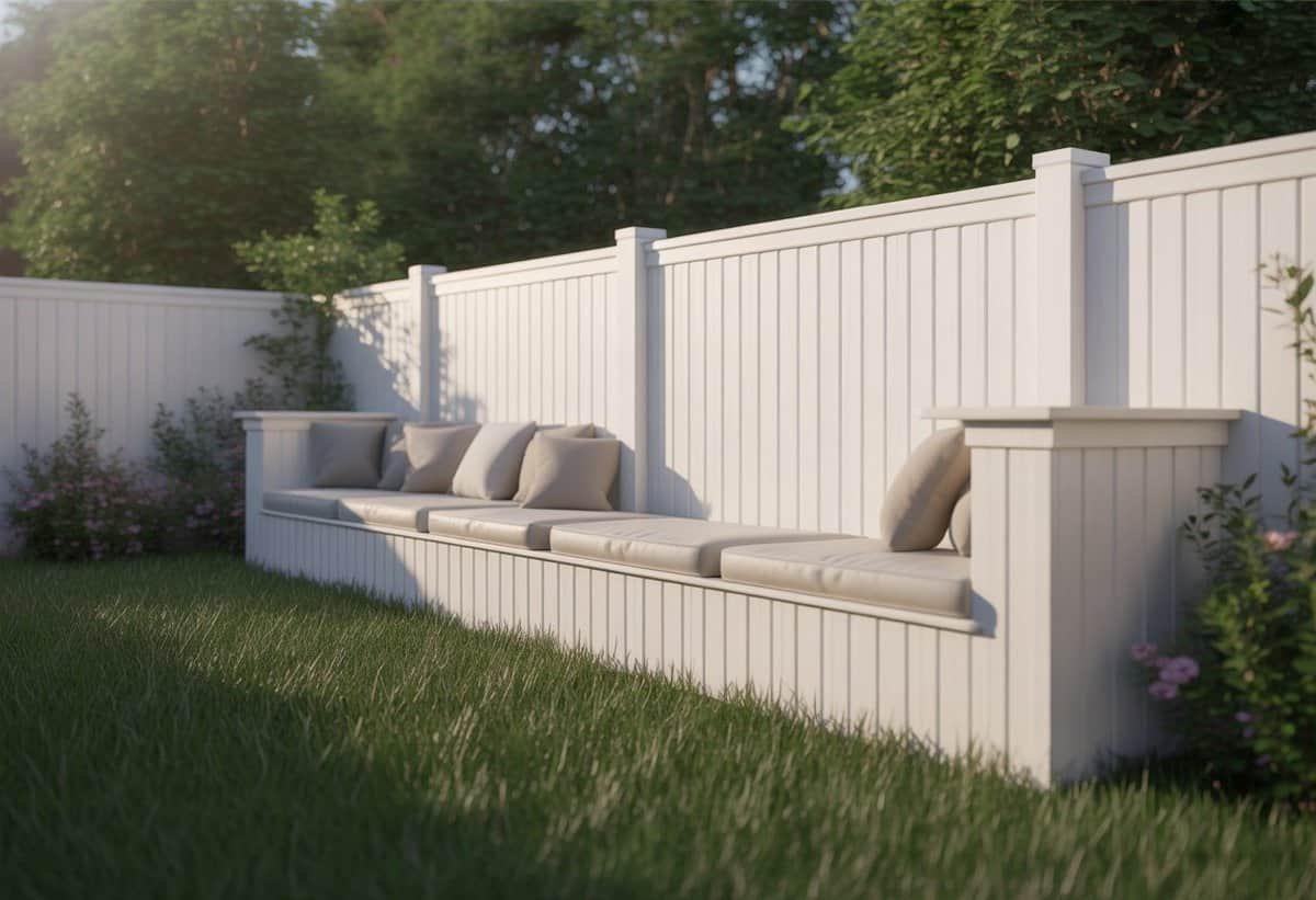 A white wooden privacy fence with built-in bench seating in a green backyard with plants and grass.