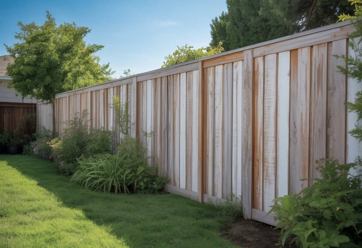 A backyard with a whitewashed wooden privacy fence surrounded by green grass and colorful plants under a clear blue sky.