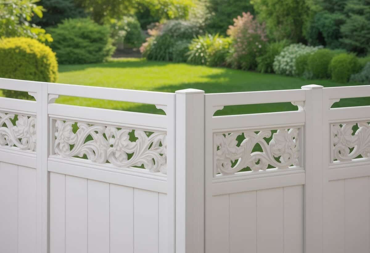 White privacy fence panels with decorative wood carvings in a backyard garden with green grass and plants.