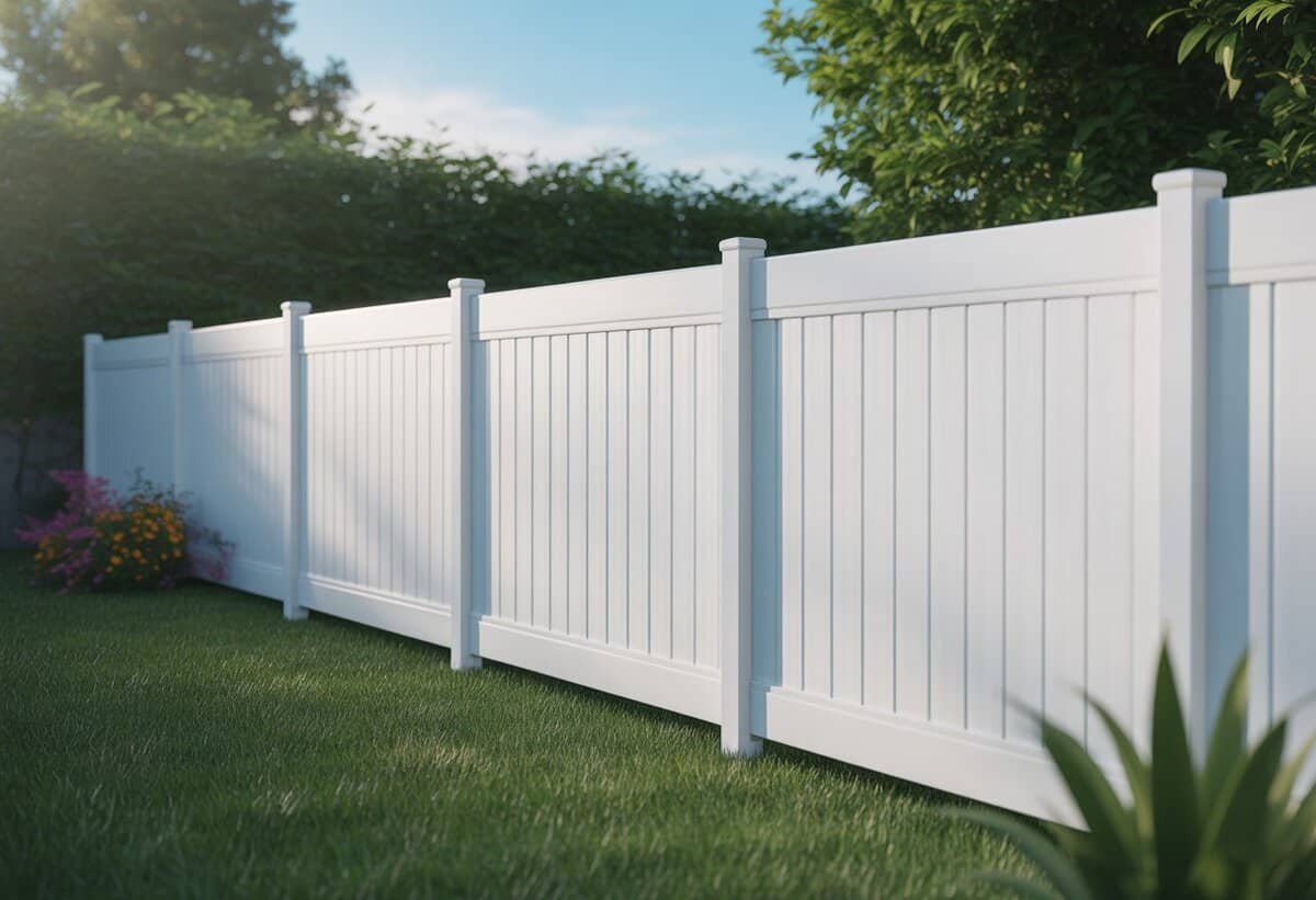 A backyard with a white PVC privacy fence, green grass, and flowering plants under a clear blue sky.