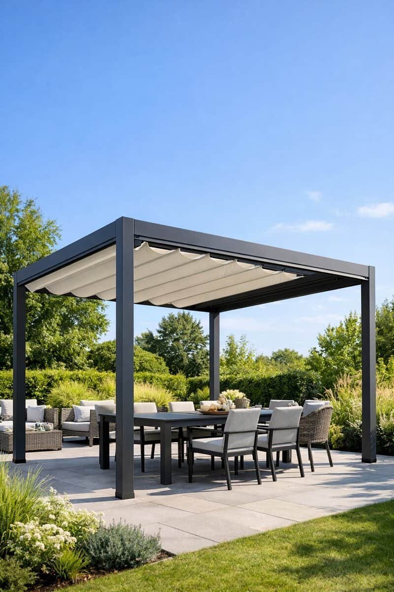 A modern metal pergola with a retractable canopy in a sunny backyard with outdoor furniture and greenery.