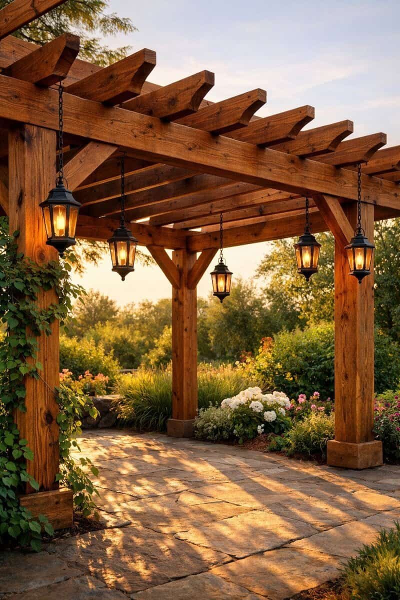 An outdoor wooden pergola with hanging lanterns surrounded by plants and greenery.