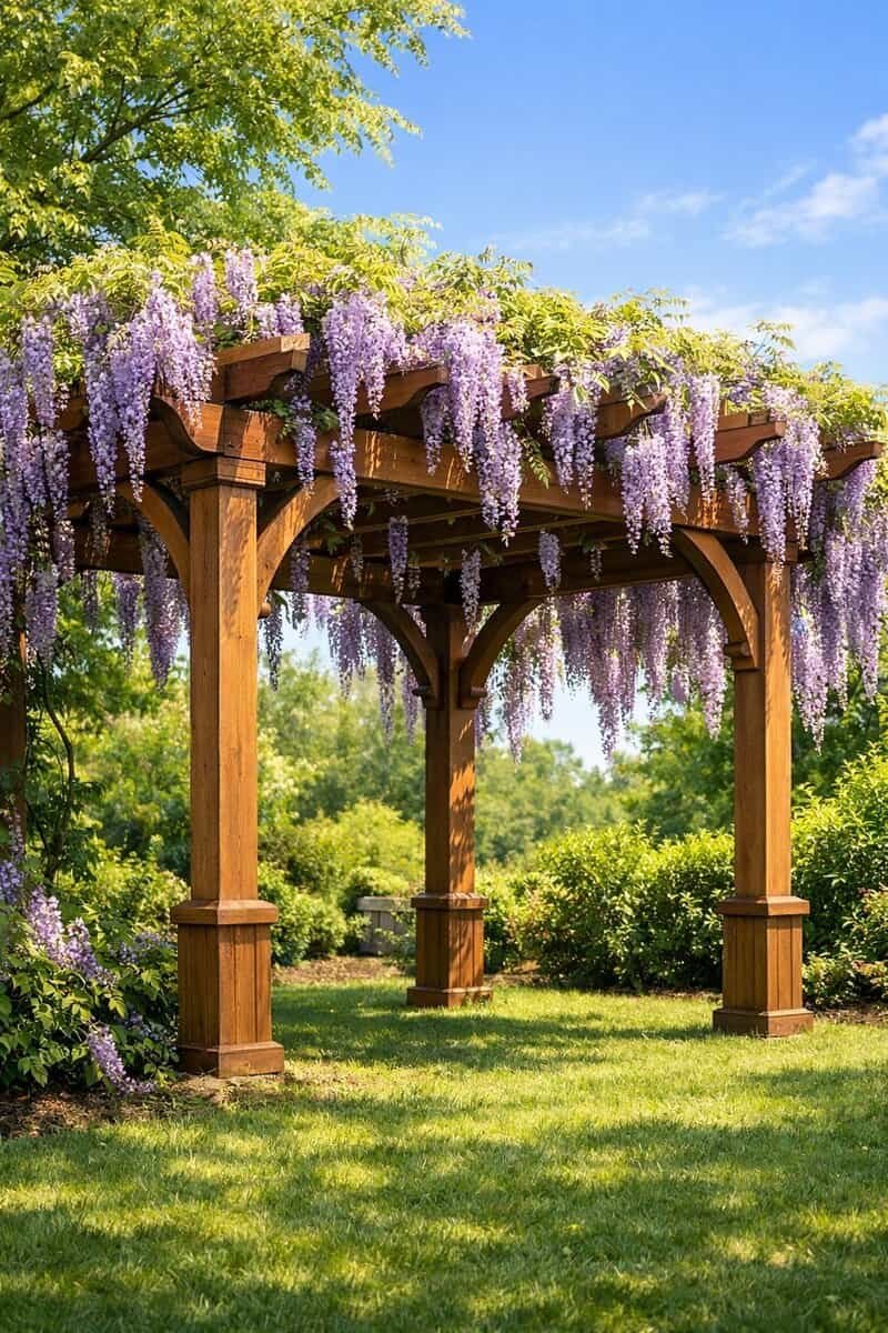 A wooden pergola covered with blooming purple wisteria vines in a garden setting with green foliage and clear sky.