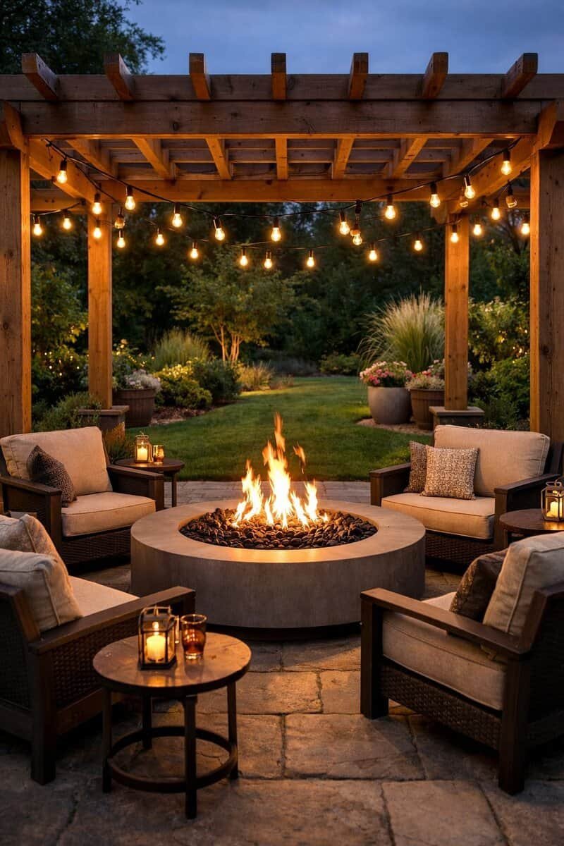 Outdoor pergola with a fire pit in the center surrounded by chairs in a garden setting.