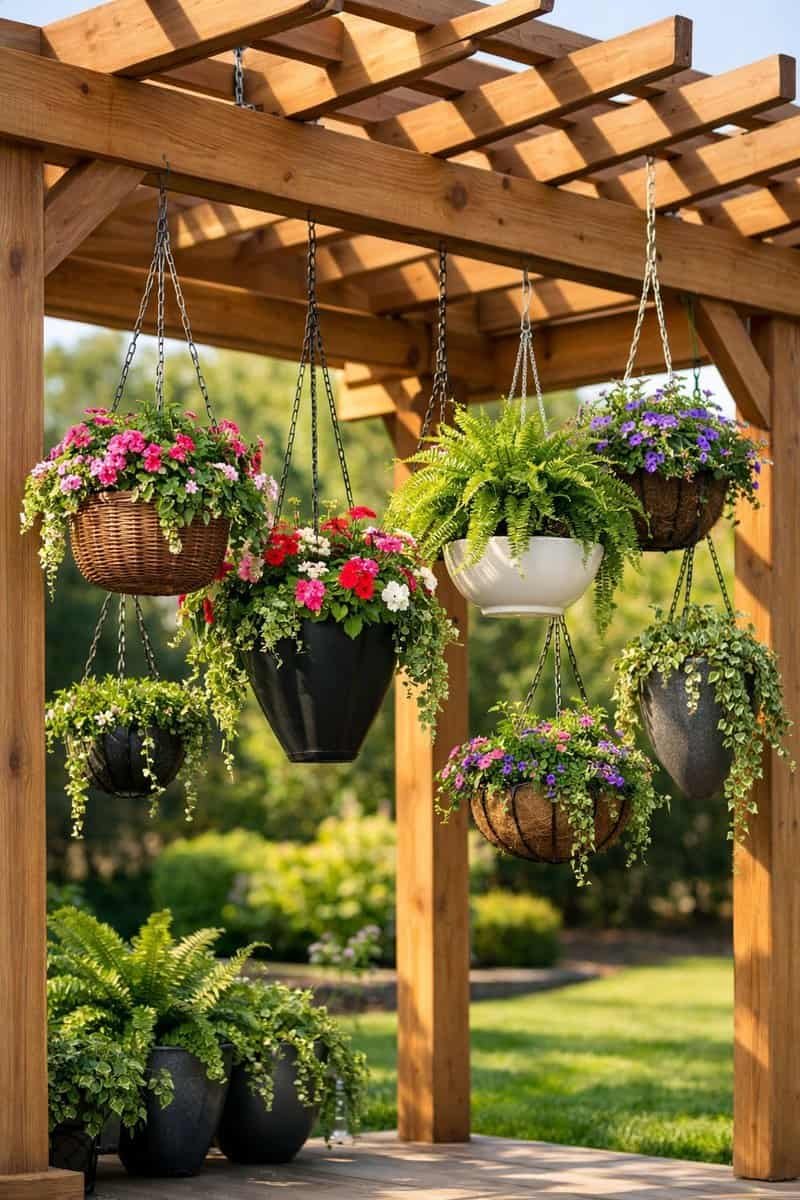 An outdoor wooden pergola with several hanging planters filled with green plants and colorful flowers in a garden setting.