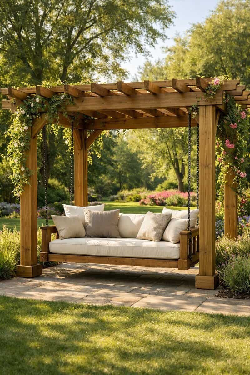 An outdoor wooden pergola with a swing bed underneath surrounded by greenery and flowers.