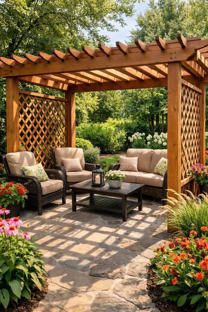 An outdoor pergola with lattice side panels surrounded by plants and outdoor furniture on a stone patio.