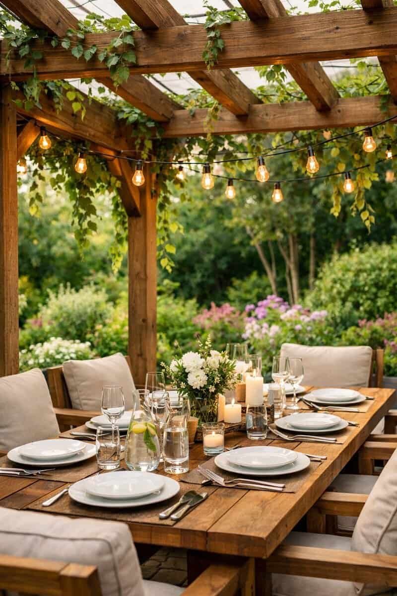 Outdoor dining table set under a wooden pergola with green vines and string lights in a garden.