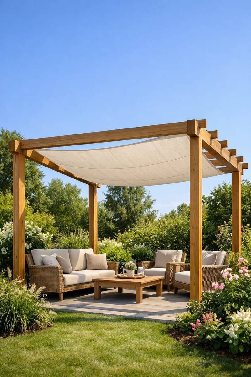 Outdoor wooden pergola with a fabric shade sail providing shade over a seating area surrounded by plants.
