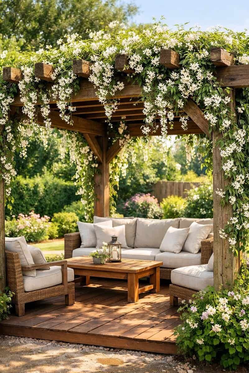 An outdoor wooden pergola covered with blooming white jasmine flowers surrounded by greenery and garden plants.