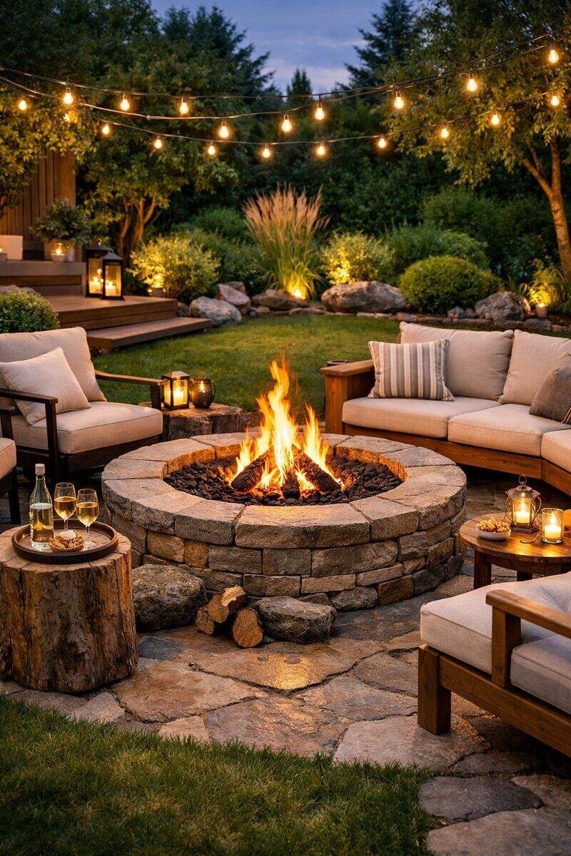 A backyard with a stone fire pit surrounded by outdoor seating, plants, and soft lighting at twilight.