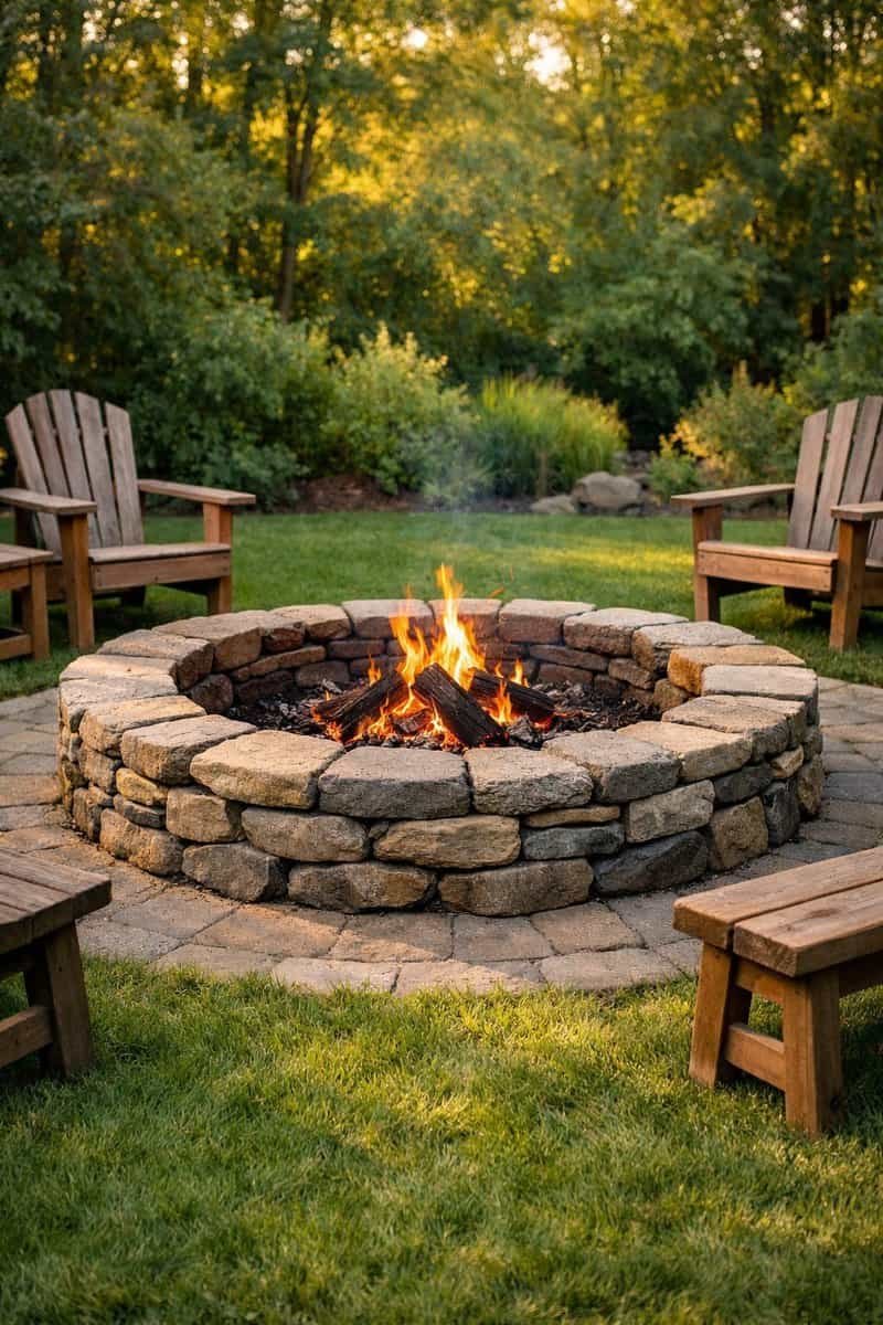 A stone fire pit circle with flames burning in the center, surrounded by outdoor seating and green grass in a backyard.