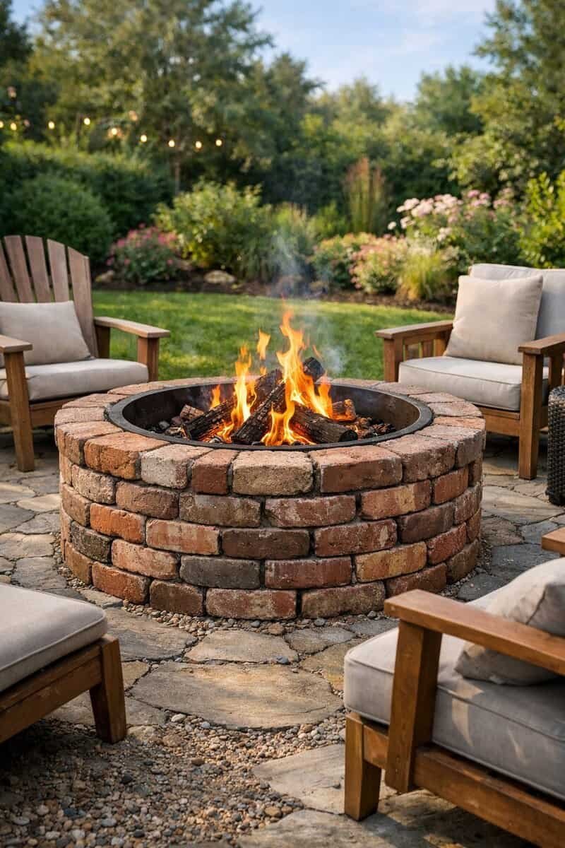 A backyard with a circular reclaimed brick fire pit burning and surrounded by outdoor seating and greenery.