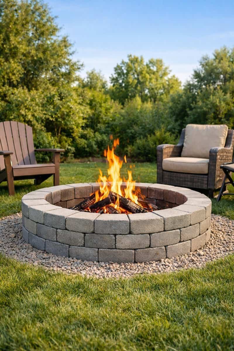 A backyard with a circular concrete block fire ring containing a burning fire, surrounded by grass and outdoor chairs.