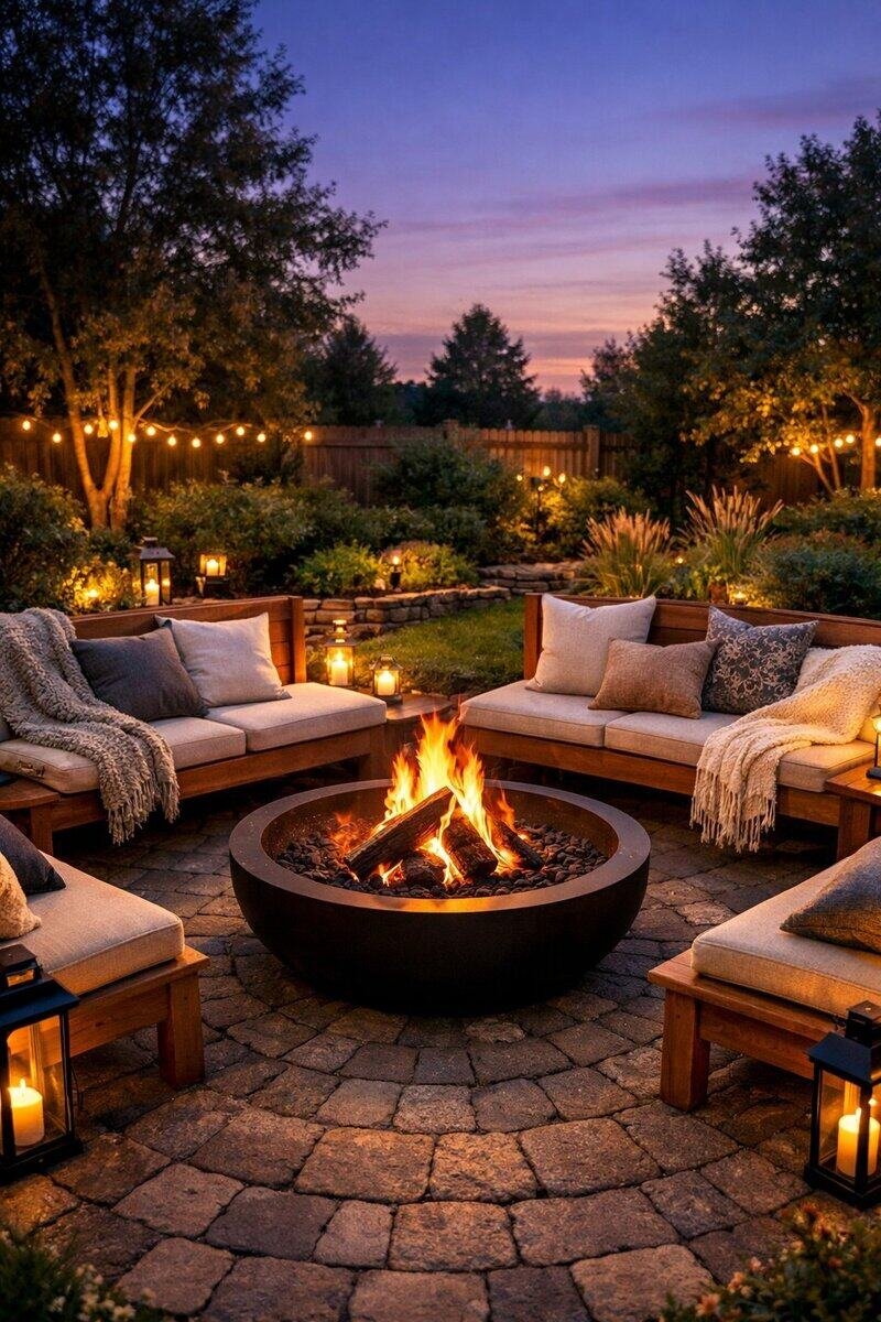 A backyard fire pit with wooden benches arranged around it, surrounded by greenery during twilight.